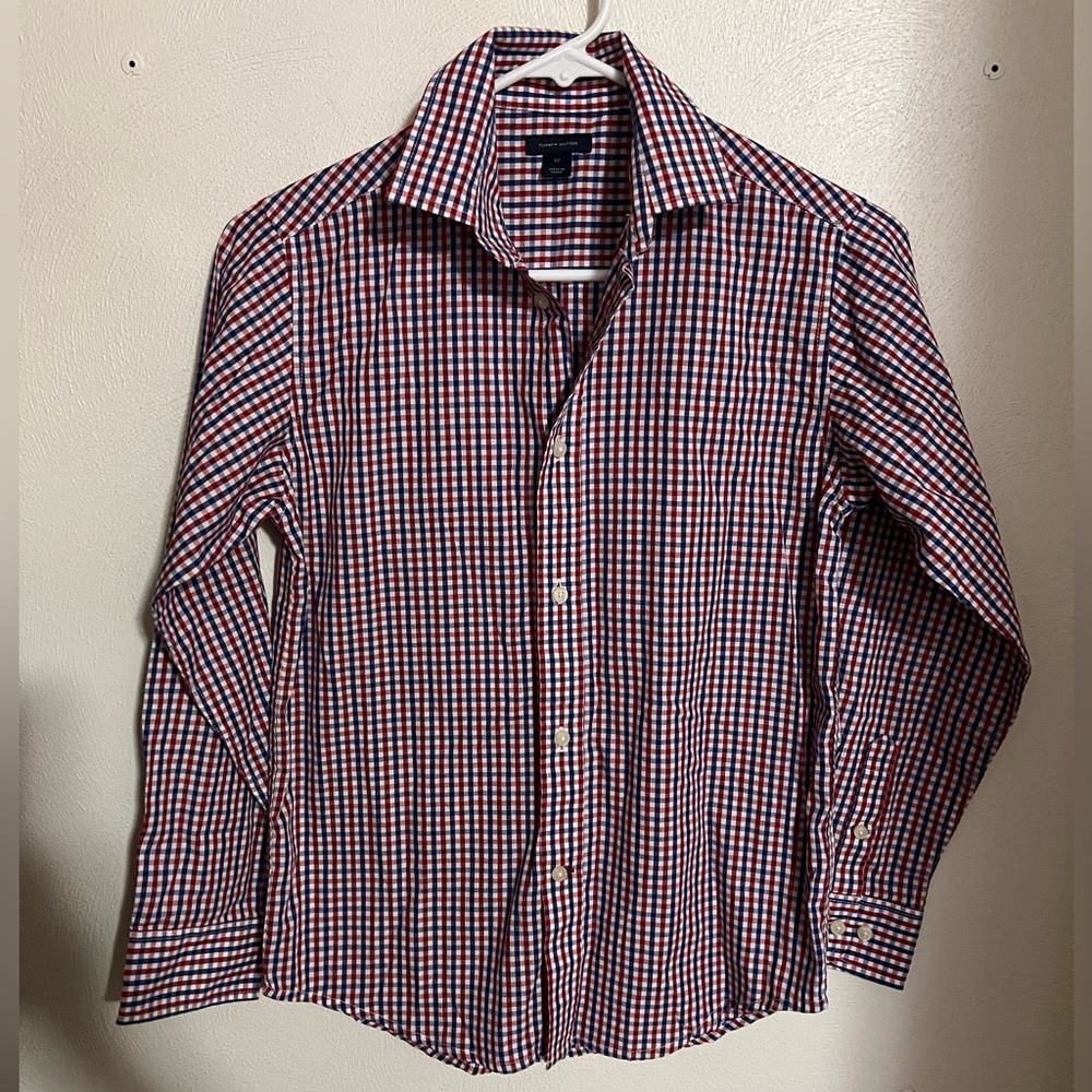 TOMMY HILFIGER Long Sleeve Button Down Shirt Red White Blue Gingham Boy's Sz 12